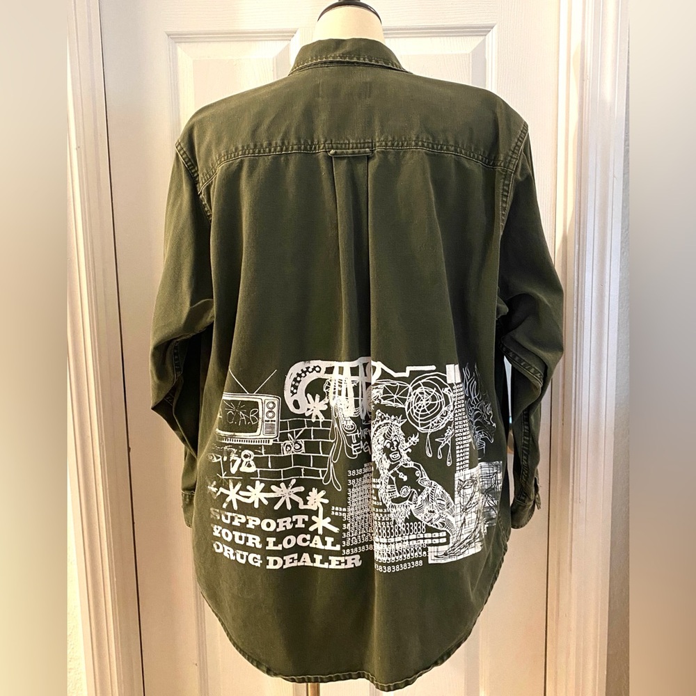 Eddie Bauer Forest Green Casual Button-Down Shirt with Customized Art Graphic